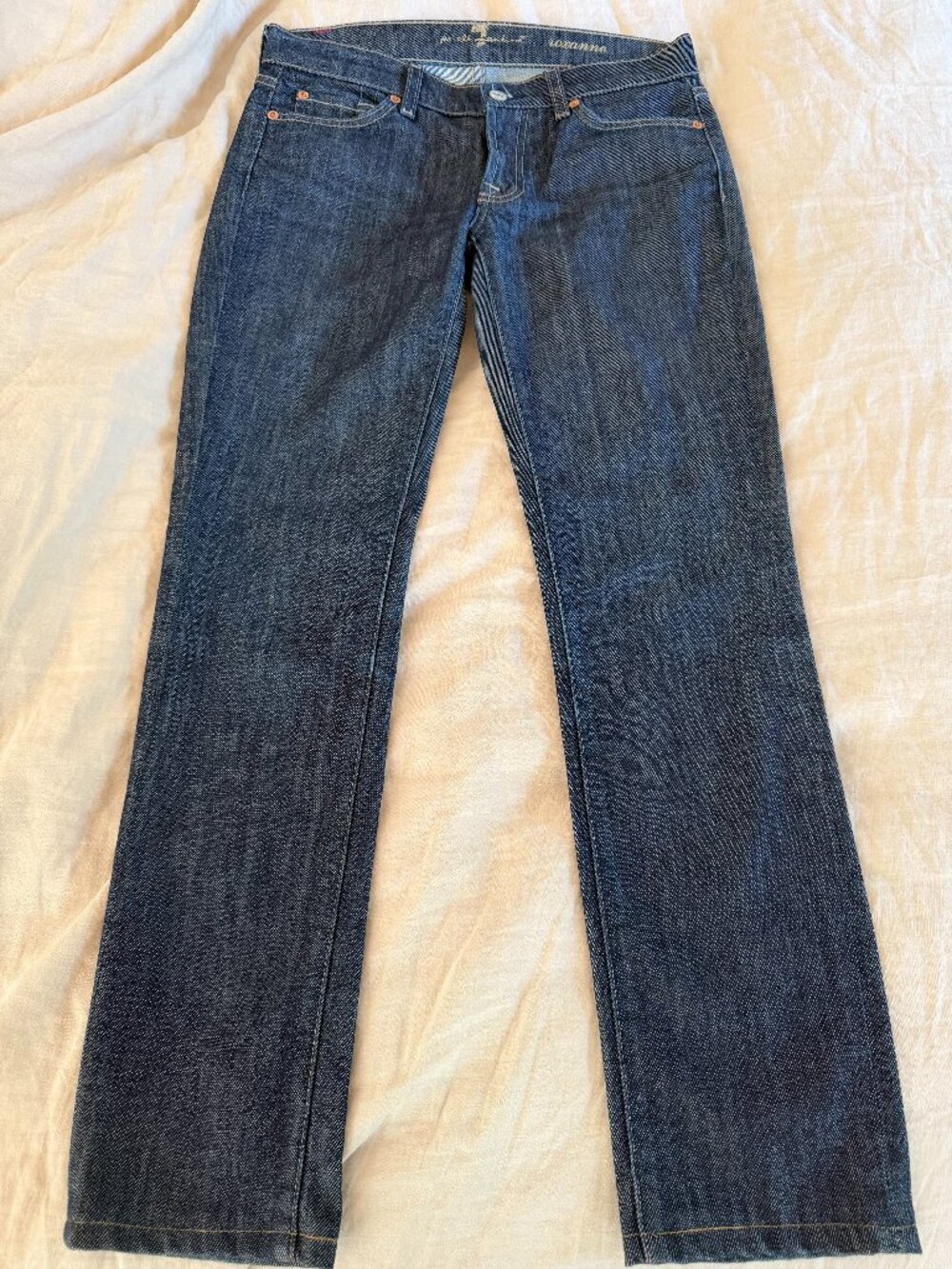 7 For All Mankind jeans, dark denim, size 27, low rise skinny jeans